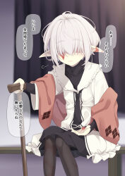 Rule 34 | 1girl, argyle, black dress, blurry, blurry background, burn scar, cane, closed mouth, covered collarbone, curtains, depth of field, dress, facing viewer, feet out of frame, grey hair, hair over eyes, highres, holding, holding cane, indoors, jacket, long sleeves, ogami kazuki, original, pointy ears, scar, sigh, sitting, solo, thick eyebrows, translation request, white jacket
