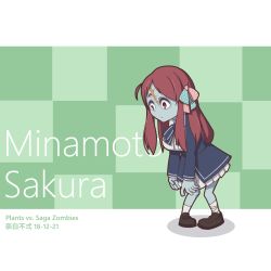 Rule 34 | 1girl, black footwear, breasts, brown hair, buernia, character name, checkered background, closed mouth, commentary request, full body, green background, highres, knees together feet apart, large breasts, minamoto sakura, plants vs zombies, red eyes, red hair, scar, simple background, socks, solo, standing, white background, white socks, zombie, zombie land saga