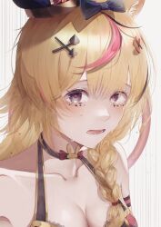 Rule 34 | 1girl, ahoge, animal ears, arm strap, bare shoulders, black hair, blonde hair, blue bow, bow, bowtie, braid, breasts, cleavage, commentary, crying, crying with eyes open, facial mark, fox ears, fox girl, hair between eyes, hair bow, hair ornament, hair over shoulder, hairclip, halter shirt, halterneck, hat, heart, heart-shaped pupils, highres, hololive, ib. (eve nekozuki), jester cap, long hair, looking at viewer, medium breasts, multicolored hair, omaru polka, omaru polka (1st costume), open mouth, pink hair, purple eyes, red bow, red bowtie, shirt, side braid, simple background, single braid, sleeveless, sleeveless shirt, solo, streaked hair, symbol-shaped pupils, tears, tilted headwear, traditional bowtie, upper body, virtual youtuber, white background, wing collar, x hair ornament