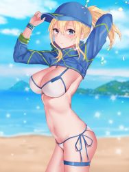 Rule 34 | 1girl, adjusting clothes, adjusting headwear, artoria pendragon (fate), baseball cap, beach, bikini, blonde hair, blue eyes, blue hat, blue jacket, breasts, cropped jacket, day, error dot, fate/grand order, fate (series), from side, hair between eyes, hat, highres, jacket, large breasts, long hair, looking at viewer, mysterious heroine x (fate), mysterious heroine xx (fate), ponytail, shrug (clothing), side-tie bikini bottom, solo, swimsuit, thigh strap, white bikini, wristband, zipper, zipper pull tab