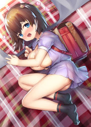 Rule 34 | 1girl, ass, backpack, bag, bear hair ornament, blue eyes, blush, breasts, breasts out, brown hair, commentary request, feet, female focus, hair ornament, heart, large breasts, lavender dress, looking at viewer, lying, medium hair, no bra, no shoes, on side, open mouth, oppai loli, original, plaid, randoseru, sakimori dan, smile, socks, solo
