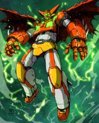 Rule 34 | absurdres, artist logo, cape, commentary request, electricity, floating cape, full body, getter-1, getter robo, getter robo (1st series), highres, mecha, mecha focus, moyan, no humans, open hands, red cape, robot, science fiction, solo, super robot, twitter username, yellow eyes