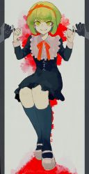 Rule 34 | 1girl, black dress, black footwear, bow, bowtie, child, closed mouth, danganronpa (series), danganronpa another episode: ultra despair girls, dress, ears, eyebrows hidden by hair, eyelashes, full body, green eyes, green hair, hair bow, hair ribbon, hairband, headband, highres, holding finger, japanese text, long sleeves, looking at viewer, mary janes, matching hair/eyes, multicolored background, neck ribbon, nose, palms, red background, red bow, red hairband, red headband, red headwear, red ribbon, ribbon, shoes, simple background, smile, towa monaca, white background, white footwear