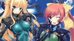 Rule 34 | 2girls, blonde hair, bodysuit, bow, breasts, breasts apart, brown hair, covered erect nipples, eyebrows, green eyes, hair bow, hand on own hip, highres, impossible clothes, isumi marika, lilia kjellberg, long hair, looking at viewer, mecha, medium breasts, miyata sou, multiple girls, muv-luv, muv-luv alternative, muv-luv alternative chronicles, one eye closed, open mouth, ponytail, robot, upper body, w, yellow bow