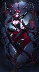 Rule 34 | 1girl, black gloves, breasts, citemer, claws, cleavage, colored skin, elise (league of legends), gloves, highres, arthropod girl, large breasts, league of legends, liuruoyu8888, navel, red eyes, silk, smile, solo, spider girl, spider web, white skin
