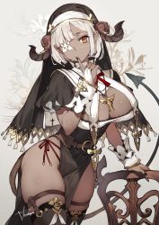 Rule 34 | 1girl, black thighhighs, blunt bangs, breasts, cleavage, cross, cross necklace, dark-skinned female, dark skin, demon girl, demon horns, demon tail, eyepatch, grey background, highres, horns, jewelry, large breasts, looking at viewer, necklace, nun, orange eyes, original, short hair, solo, tail, thick thighs, thighhighs, thighs, toridamono, veil, white hair