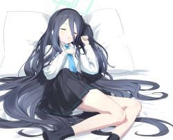 Rule 34 | 1girl, aris (blue archive), blue archive, blue hair, blush, closed eyes, commentary request, dark blue hair, hair between eyes, halo, headband, highres, long hair, long hair between eyes, necktie, pillow, school uniform, simple background, sleeping, socks, solo, very long hair, wasabi60, white background