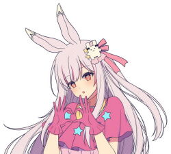 Rule 34 | 1girl, :o, animal ears, blush, cosplay, dress, gloves, grey hair, hands up, heart, heart hands, hitsuki rei, hoshino ai (oshi no ko), hoshino ai (oshi no ko) (cosplay), indie virtual youtuber, long hair, looking at viewer, nica wolper, one side up, oshi no ko, parted lips, pink dress, pink gloves, rabbit ears, red eyes, simple background, solo, star (symbol), symbol-shaped pupils, upper body, very long hair, virtual youtuber, white background