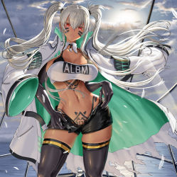 Rule 34 | 1girl, alabama (azur lane), armband, azur lane, bandeau, bikini, bikini top only, bikini under clothes, black bikini, black gloves, black shorts, black thighhighs, body markings, bodypaint, breasts, buckle, cleavage, closed mouth, clothes writing, cloud, cloudy sky, coat, coat on shoulders, collarbone, commentary request, cowboy shot, dark-skinned female, dark skin, day, detached collar, dorian oishiiyo, elbow gloves, facial mark, floating hair, gloves, groin, hair between eyes, highleg, highleg bikini, jacket, jacket on shoulders, large breasts, long coat, long hair, long sleeves, looking at viewer, midriff, navel, ocean, open clothes, open fly, open shorts, outdoors, pubic tattoo, railing, red eyes, short shorts, shorts, sidelocks, skindentation, sky, snap-fit buckle, solo, standing, strapless, sunlight, swimsuit, tattoo, taut clothes, thighhighs, thighs, torn clothes, torn coat, tube top, twintails, undressing, very long hair, whisker markings, white coat, white hair, white jacket, white tube top