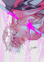 Rule 34 | 1boy, artist name, blood, blood splatter, bloody tears, blue eyes, coat, dated, devil may cry, devil may cry (series), devil may cry 4, dmc pa, dripping, guro, hood, hood down, impaled, injury, male focus, nero (devil may cry), parted lips, pink blood, short hair, signature, simple background, solo, upside-down, white background, white hair
