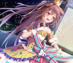 Rule 34 | 1girl, animal ears, bare shoulders, blush, breasts, brown eyes, brown hair, commentary request, dog ears, dog girl, dress, fangs, floating hair, gloves, hair between eyes, hair ribbon, highres, holding, holding microphone, hololive, idol, inugami korone, inugami korone (saikyo tensai wonderful world of korone), long hair, looking away, medium breasts, microphone, monitor, official alternate costume, open mouth, ribbon, sidelocks, solo, virtual youtuber, white gloves, wolfgang (paul94104875), yellow dress