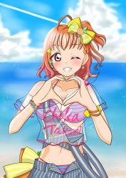 Rule 34 | 1girl, ;), a chika-tastic summer (love live!), aircraft, airplane, alternate hairstyle, antenna hair, aqua nails, artist name, artist request, bare shoulders, beach, bikini, bikini under clothes, blue pants, blue shorts, blue sky, blush, bow, bracelet, braid, breasts, cleavage, clothes writing, cloud, collarbone, day, earrings, female focus, floating hair, food-themed hair ornament, hair bow, hair ornament, hairclip, halterneck, heart, heart (symbol), heart hands, highres, jewelry, looking at viewer, love live!, love live! school idol festival, love live! school idol festival all stars, love live! sunshine!!, medium breasts, medium hair, nail, nail polish, ocean, off-shoulder shirt, off shoulder, one eye closed, open fly, orange bow, orange hair, orange hair ornament, orange nails, outdoors, pants, parted bangs, parted lips, pearl bracelet, pink bikini, polka dot, polka dot bow, ponytail, red eyes, ribbon, see-through, see-through shirt, see-through sleeves, shirt, short hair, short sleeves, shorts, side braid, side ponytail, single braid, sky, smile, solo, strap slip, striped bikini, striped bow, striped clothes, striped pants, striped shorts, striped tank top, suspenders, suspenders hanging, swimsuit, takami chika, tank top, teeth, triangle hair ornament, two-tone bikini, vertical-striped clothes, vertical-striped shorts, wink, wrist bow, yellow bow, yellow ribbon