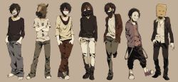 Rule 34 | 6+boys, bag, bag on head, bag over head, barefoot, black hair, blue eyes, brown eyes, brown hair, crossed arms, crossed legs, full body, gas mask, hands in pockets, highres, horse, kina58, male focus, mask, mouth mask, multiple boys, original, paper bag, respirator, short hair, simple background, smiley face, standing, standing on one leg, surgical mask, vest