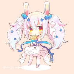 Rule 34 | 1girl, animal ears, azur lane, bare shoulders, blue flower, blush, bouquet, bow, brown background, chibi, commentary request, dress, flower, full body, gloves, hair between eyes, hair bow, hair flower, hair ornament, holding, holding bouquet, kou hiyoyo, laffey (azur lane), laffey (white rabbit&#039;s oath) (azur lane), long hair, pantyhose, parted lips, rabbit ears, red eyes, silver hair, solo, standing, strapless, strapless dress, twintails, twitter username, very long hair, wedding dress, white bow, white dress, white footwear, white gloves, white pantyhose, yellow flower