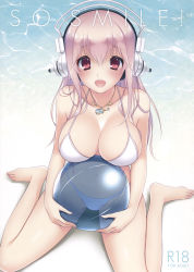 Rule 34 | 1girl, ayase hazuki, ball, bare shoulders, barefoot, beach, beachball, bikini, blush, breasts, cleavage, feet, happy, headphones, highres, large breasts, legs, long hair, looking at viewer, nitroplus, open mouth, pink eyes, pink hair, sitting, smile, solo, super sonico, swimsuit, thighs, toes, water