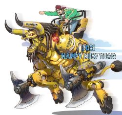 Rule 34 | 1boy, 2021, axe, backwards hat, baseball cap, brown hair, chinese zodiac, clenched hand, cloud, dual wielding, glasses, green jacket, hair behind ear, happy new year, hat, highres, holding, holding axe, jacket, maeda hiroyuki, mecha, minotaur, new year, nose piercing, nose ring, open mouth, original, piercing, robot, year of the ox, yellow eyes