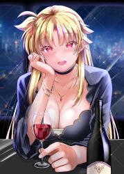 Rule 34 | 1girl, alcohol, blonde hair, blush, bottle, bracelet, breasts, choker, cleavage, commentary request, cup, dress, drinking glass, fate testarossa, highres, indoors, jewelry, large breasts, long hair, looking at viewer, lyrical nanoha, mahou shoujo lyrical nanoha strikers, open mouth, pendant, red eyes, red wine, solo, sougetsu izuki, wine, wine bottle, wine glass