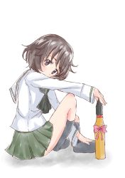 Rule 34 | 1girl, absurdres, akiyama yukari, black neckerchief, black socks, blouse, bow, brown eyes, brown hair, commentary, covered mouth, from side, girls und panzer, green skirt, hand on own foot, head tilt, highres, holding, kneehighs, long sleeves, looking at viewer, messy hair, miniskirt, munisuke (zrkt7883), neckerchief, no shoes, ooarai school uniform, pleated skirt, red bow, school uniform, serafuku, shadow, shirt, short hair, sitting, sketch, skirt, socks, solo, tank shell, thighhighs, traditional media, white background, white shirt