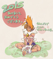 Rule 34 | 10s, 1boy, 2015, abs, adon (street fighter), ankle wrap, barefoot, bracelet, fur trim, headband, horns, indian style, jewelry, male focus, mongkhon, muscular, new year, orange hair, sheep horns, topless male, short hair, shorts, sitting, solo, street fighter, torimeiro