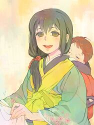 Rule 34 | 1boy, 1girl, :d, baby, bad drawr id, bad id, black hair, brown eyes, brown hair, carrying, character request, cherry blossom print, copyright request, floral print, green kimono, holding, japanese clothes, kimono, long hair, long sleeves, low-tied long hair, oekaki, open mouth, pego (peco peco), sash, smile, teeth, upper teeth only, yellow background