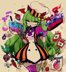 Rule 34 | 1girl, apple, blood, blood bag, bow, bowl, chef hat, cooking, dress, eyeball, eyelashes, flask, food, fruit, frying pan, fujiwhite182, gem, green hair, hat, head wings, heart (organ), highres, holding, holding frying pan, holding spatula, horns, horror (theme), leaf, long hair, mixing bowl, monster girl, mushroom, organs, original, poison, round-bottom flask, skull, solo, spatula, stitched arm, stitched leg, stitches, striped clothes, striped dress, tongue, tongue out, vertical-striped clothes, vertical-striped dress, very long hair, vial, whisk, wings, yellow bow, yellow eyes, zombie