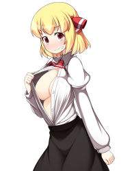 Rule 34 | 1girl, alternate breast size, blonde hair, blush, breasts, female focus, forced smile, hair ribbon, highres, large breasts, looking at viewer, nakamura kusata, no bra, open clothes, open shirt, red eyes, ribbon, rumia, shirt, short hair, simple background, skirt, smile, solo, touhou, white background
