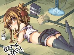 Rule 34 | 10s, 1girl, alternate costume, artist name, blush, book, brown eyes, brown hair, chips (food), commentary request, darkside, denim, denim shorts, drink, drinking straw, folded ponytail, food, food in mouth, hand fan, inazuma (kancolle), kantai collection, looking at viewer, lying, on stomach, short hair, shorts, solo, tank top, tatami, thighhighs