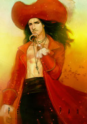 Rule 34 | 1boy, amputee, animification, black hair, captain hook, coat, disney, facial hair, hat, hook hand, j (onose1213), jacket, key, lace, lace cuffs, long hair, male focus, mustache, open clothes, open coat, open jacket, peter pan (disney), pirate, pirate hat, red jacket, solo, topless male