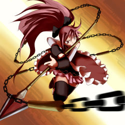 Rule 34 | 10s, 1girl, black thighhighs, chain, detached sleeves, fang, gedou slime, grin, long hair, magical girl, mahou shoujo madoka magica, mahou shoujo madoka magica (anime), polearm, ponytail, red eyes, red hair, sakura kyoko, smile, solo, spear, surpas, thighhighs, weapon, zettai ryouiki