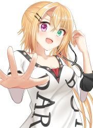 Rule 34 | 1girl, :d, absurdres, black ribbon, blonde hair, blush, breasts, casual, chuunibyou, clothes writing, collarbone, commentary, crossed bangs, green eyes, hair between eyes, hair ornament, hair ribbon, hairclip, hand up, heterochromia, highres, long hair, looking at viewer, medium breasts, oogaki hinata, open hand, open mouth, otome domain, purple eyes, ribbon, shirt, short sleeves, side ponytail, simple background, smile, solo, teeth, upper body, upper teeth only, v-shaped eyebrows, very long hair, wada (fzwprhf3aj45658), white background, white shirt