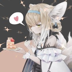 Rule 34 | 1girl, absurdres, animal ears, arknights, bare shoulders, blonde hair, blue hairband, braid, cake, cake slice, commentary request, dress, eating, food, fork, fox ears, fox girl, fox tail, from side, fruit, green eyes, hairband, hands up, heart, highres, holding, holding fork, holding plate, kitsune, material growth, multicolored hair, multiple tails, oripathy lesion (arknights), plate, short hair with long locks, sideways glance, single wrist cuff, solo, speech bubble, spoken heart, strawberry, strawberry shortcake, streaked hair, suzuran (arknights), tactical clothes, tail, tou toutou, upper body, utensil in mouth, white dress, white hair, white wrist cuffs, wrist cuffs