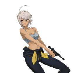 Rule 34 | 10s, 1girl, absurdres, ahoge, breasts, cleavage, dark-skinned female, dark skin, finger on trigger, gun, handgun, highres, holding, holding gun, holding weapon, jewelry, navel, necklace, official art, red eyes, serious, short hair, silver hair, simple background, solo, tank top, uchuu senkan yamato, uchuu senkan yamato 2199, v arms, vector trace, weapon, white background, yamamoto akira