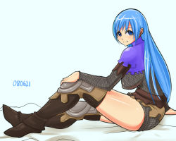 Rule 34 | 1girl, bad id, bad pixiv id, blue eyes, blue hair, boots, breasts, fantasy earth zero, fishnets, large breasts, long hair, matching hair/eyes, monmonism, sitting, smile, solo, thigh boots, thighhighs