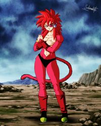 Rule 34 | 1girl, abs, absurdres, artist name, boots, breasts, covering privates, covering breasts, dragon ball, dragon ball gt, dragonball z, female focus, full body, grey eyes, highres, long hair, looking at viewer, navel, original, red-tinted eyewear, red hair, saiyan, salvamakoto, scouter, solo, super saiyan, super saiyan 4, tagme, tail, tarin (salvamakoto), tinted eyewear