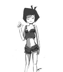 Rule 34 | 1girl, belly, black eyes, black hair, bob cut, creepy susie, dogma, short hair, shorts, simple background, solo, stomach, the oblongs, white background