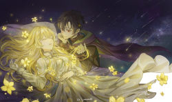 Rule 34 | 1boy, 1girl, absurdres, artist name, athanasia de alger obelia, bed sheet, black hair, blonde hair, bow, bowtie, breasts, cape, closed eyes, cowboy shot, dress, elbow rest, eoneu nal gongjuga doeeobeoryeotda, eyelashes, glowing flower, hand on own chin, hand on own stomach, head rest, highres, holding another&#039;s hair, juanone88, light particles, long hair, long sleeves, looking at another, lucas (eoneu nal gongjuga doeeobeoryeotda), lying, mole, mole under eye, night, night sky, on back, on bed, parted lips, red eyes, shooting star, short hair, sidelocks, sky, sleepwear, smile, straight hair, white bow, white bowtie, white dress