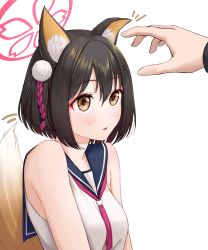 Rule 34 | 1girl, absurdres, animal ear fluff, animal ears, blue archive, blue sailor collar, brown hair, eyeshadow, fox ears, fox tail, from side, hair ornament, halo, highres, izuna (blue archive), light blush, looking at another, makeup, neckerchief, notice lines, open hand, out of frame, parted lips, pink eyeshadow, pink neckerchief, pom pom (clothes), pom pom hair ornament, sailor collar, school uniform, serafuku, short hair, simple background, sjuno, sleeveless, solo focus, tail, upper body, white background, yellow eyes
