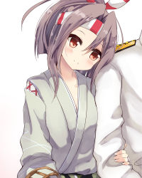 Rule 34 | 10s, 1boy, 1girl, absurdres, admiral (kancolle), amano kouki, blush, brown eyes, brown hair, commentary request, hachimaki, hair ribbon, hand on another&#039;s arm, head on another&#039;s shoulder, headband, high ponytail, highres, japanese clothes, jewelry, kantai collection, leaning on person, light brown hair, locked arms, long hair, out of frame, ponytail, ribbon, ring, simple background, smile, white background, zuihou (kancolle)