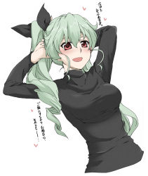 Rule 34 | 10s, 1girl, adjusting hair, anchovy (girls und panzer), arms behind head, black ribbon, black shirt, blush, casual, commentary request, cropped torso, drill hair, dutch angle, elf (stroll in the woods), girls und panzer, green hair, hair down, hair over one eye, hair ribbon, heart, highres, long hair, long sleeves, looking at viewer, open mouth, red eyes, ribbon, shirt, side ponytail, simple background, single drill, smile, solo, standing, translated, turtleneck, upper body, white background