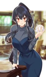 Rule 34 | 1girl, arm support, baozi, black hair, blue dress, breasts, closed mouth, dress, food, grey shirt, hair between eyes, holding, holding food, ichinomiya (blantte), jewelry, kantai collection, large breasts, long hair, long sleeves, looking at viewer, official alternate costume, ponytail, red eyes, ring, shirt, smile, solo, very long hair, wedding ring, yahagi (kancolle)