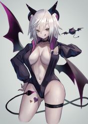 Rule 34 | 1girl, :q, bat wings, black horns, breasts, bridal garter, brown eyes, center opening, cleavage, closed mouth, commentary request, demon girl, demon tail, gradient background, grey background, heart, heart tattoo, highleg, highres, horns, large breasts, leg tattoo, long sleeves, looking at viewer, navel, original, slit pupils, smile, solo, sooon, tail, tattoo, thighs, tongue, tongue out, white hair, wings