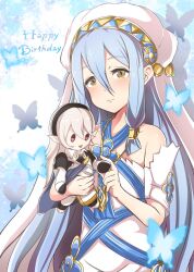 Rule 34 | 1girl, azura (fire emblem), bare shoulders, blue butterfly, blue hair, bug, butterfly, character doll, closed mouth, commentary request, corrin (female) (fire emblem), corrin (fire emblem), doll, eyelashes, fire emblem, fire emblem fates, hair between eyes, highres, holding, holding doll, insect, long hair, nenemu0, nintendo, red eyes, white headwear, yellow eyes