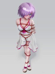 Rule 34 | 1girl, arms behind back, bare shoulders, blush, bound, bound arms, bound legs, bound torso, breasts, cleavage, collarbone, dress, fate/grand order, fate (series), ffffff, footwear bow, gradient background, grey background, highres, light purple hair, looking at viewer, mash kyrielight, mash kyrielight (swimsuit of perpetual summer), medium breasts, official alternate costume, purple dress, purple eyes, sandals, shadow, shibari, short hair, simple background, smile, solo, standing, sundress, white dress