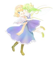 Rule 34 | 2girls, alice margatroid, blonde hair, blue eyes, boots, capelet, carrying, child, child on child, closed eyes, cross-laced footwear, daiyousei, dress, female focus, green hair, hairband, height difference, hug, kiss, lace-up boots, long hair, medium hair, multiple girls, one eye closed, short hair, side ponytail, tona, tona (nekotte), touhou, wings, wink, yuri
