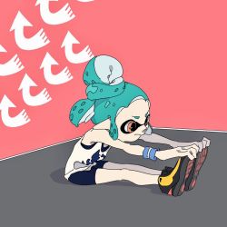 Rule 34 | 1girl, arrow (symbol), bike shorts, blue hair, camisole, commentary request, determined, hasha, highres, inkling, inkling girl, inkling player character, looking to the side, nintendo, orange eyes, shoes, simple background, sitting, sneakers, solo, splatoon (series), stretching, sweatband, tank top, topknot, touching toes