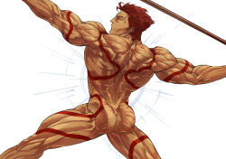 Rule 34 | 1boy, aiming, ass, bara, biceps, completely nude, fate/grand order, fate (series), fighting stance, full-body tattoo, highres, leonidas (fate), male focus, male swimwear, manly, mature male, muscular, muscular male, nude, red eyes, red hair, shield, short hair, sib (utau7), simple background, solo, tattoo, thick arms, thick thighs, thighs, weapon, white background