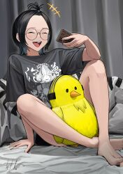 Rule 34 | 1girl, absurdres, barefoot, black hair, blue hair, cellphone, closed eyes, colored inner hair, commentary, douryou (buta5813), front ponytail, highres, indoors, laughing, multicolored hair, no pants, original, phone, round eyewear, sitting, smartphone, solo, stuffed toy, tetto (onnoveltet), two-tone hair, wolf cut
