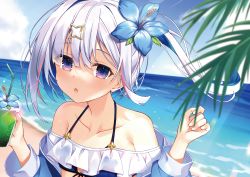 Rule 34 | 1girl, absurdres, amane kanata, bare shoulders, beach, bikini, blue bikini, blue eyes, blue flower, blue hair, blush, colored inner hair, cup, day, drinking glass, drinking straw, flower, hair flower, hair ornament, halterneck, highres, holding, holding cup, hololive, long sleeves, looking at viewer, multicolored hair, one side up, outdoors, parted lips, pink hair, shimo (shimo332215), solo, streaked hair, swimsuit, virtual youtuber, white hair