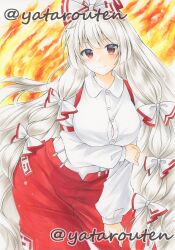 Rule 34 | 1girl, absurdres, blush, bow, breasts, cleavage, fire, fujiwara no mokou, grey hair, greyscale, hair bow, hair ribbon, hat, highres, huge breasts, large breasts, long hair, long sleeves, looking at viewer, marker (medium), monochrome, open mouth, pants, red eyes, ribbon, shirt, smile, solo, suspenders, touhou, traditional media, very long hair, white hair, yatarouten