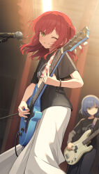 Rule 34 | 2girls, bass guitar, black shirt, blue hair, blurry, blurry background, blush, bocchi the rock!, cable tie, dot nose, electric guitar, green eyes, guitar, hair ornament, hairclip, highres, holding, holding instrument, holding paddle, indoors, instrument, kaito (k4itoh), kita ikuyo, long skirt, looking at viewer, medium hair, microphone, microphone stand, multiple girls, music, one eye closed, one side up, paddle, parted lips, playing instrument, red hair, shirt, short hair, skirt, smile, solo focus, t-shirt, white skirt, yamada ryo